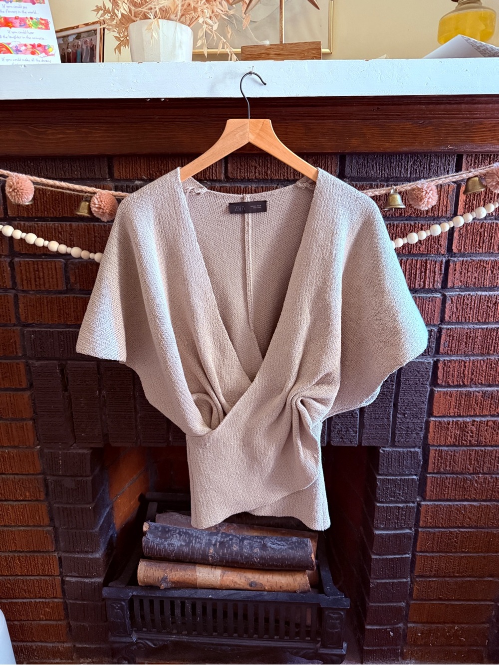 Zara Light Taupe Knit V-Neck Wrap Sweater
